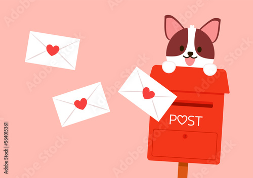Love letter vector. Mailbox vector. mailbox on pink background. Love letter in mailbox. Cute dog in Valetine's day.