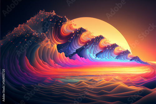 Generative AI illustration of colorful waves rising with the Sun