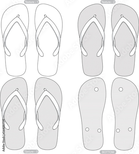 Blank flip flops sandals with 3 different textures vector Template flat sketch design	
