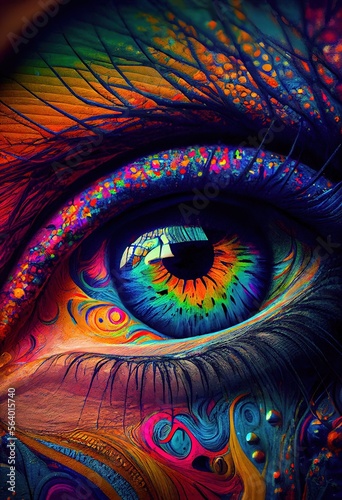 A Close-up View of the Vibrant Colors in a Psychedelic Eye. Generative ai