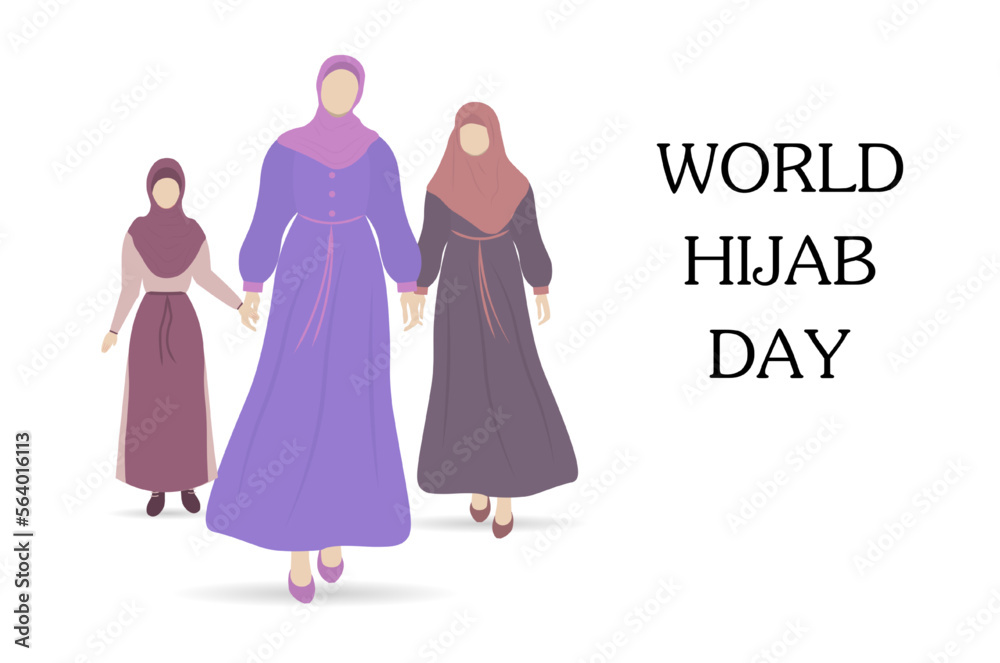 Young Muslim girls in traditional clothes and hijab. World hijab day greeting card. Flat vector illustration isolated on white background. Young Muslim girls in traditional clothes and hijab. World hijab day greeting card. Flat vector illustration isolated on white background.