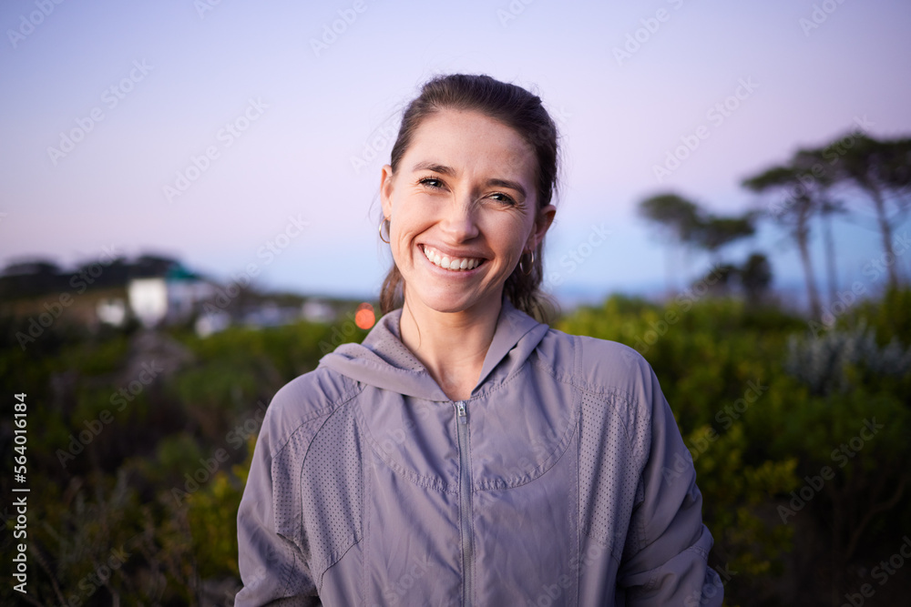 Happy, sunset and portrait of a woman in a park during dusk for peace, calm and zen. Adventure, hike and face of a girl on a walk for fitness, summer cardio and relaxing during dawn in nature Happy, sunset and portrait of a woman in a park during dusk for peace, calm and zen. Adventure, hike and face of a girl on a walk for fitness, summer cardio and relaxing during dawn in nature