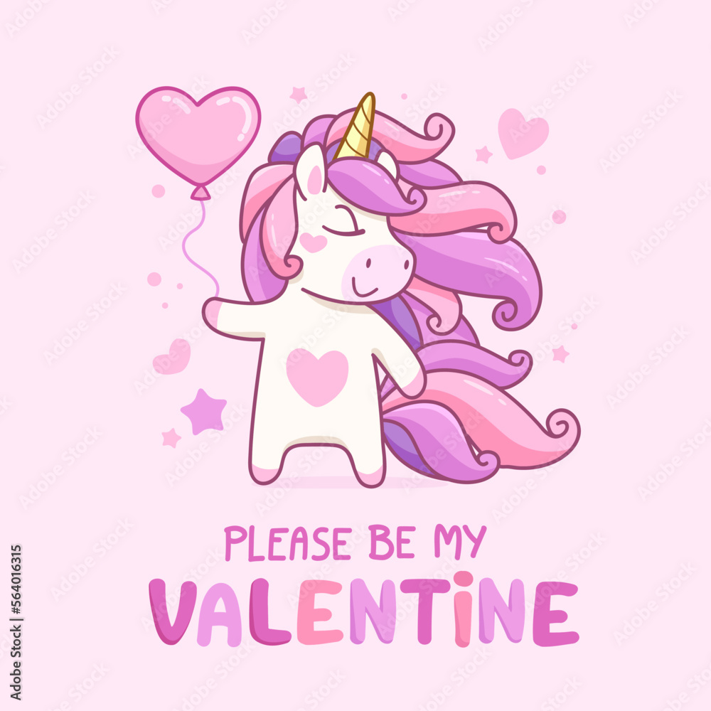 Please Be My Valentine card for Valentine's day with cute Pink Unicorn. Greeting card or invitation in cartoon style. Valentine's Day card with unicorn holding heart. Square format vector illustration