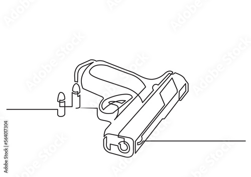 continuous line drawing vector illustration with FULLY EDITABLE STROKE of handgun and bullets