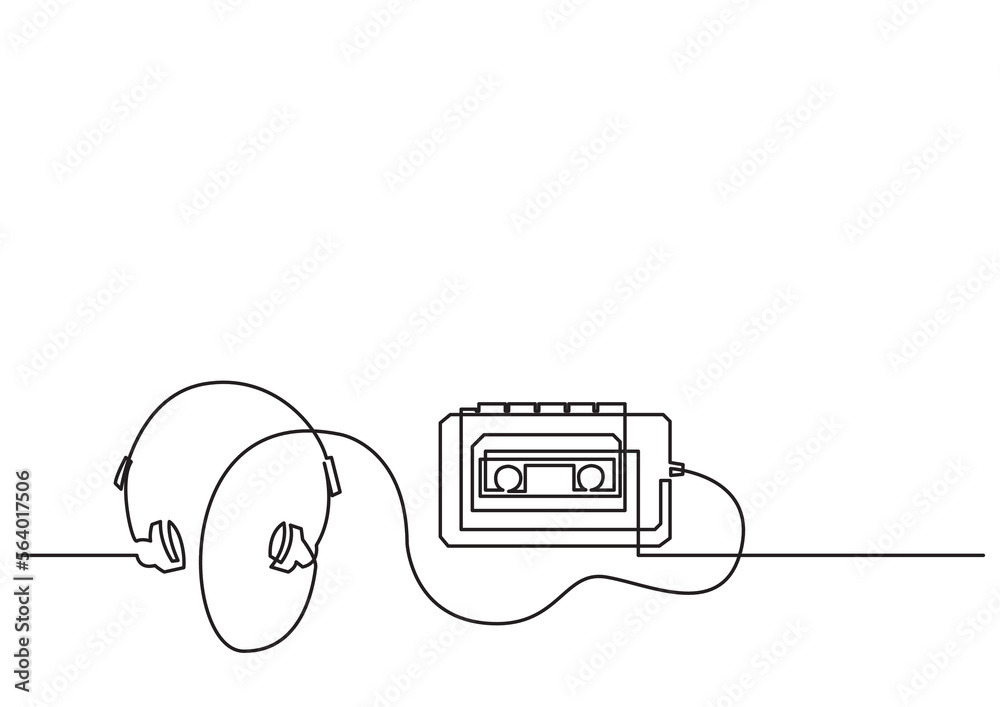 continuous line drawing vector illustration with FULLY EDITABLE STROKE of retro cassette player