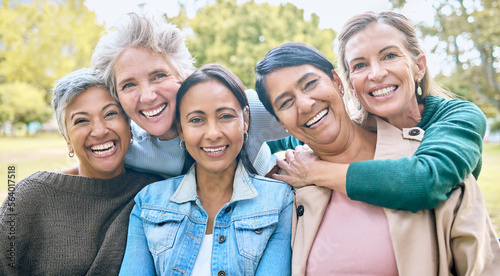 Nature, friends and portrait of group of women enjoying bonding, quality time and relax in retirement together. Diversity, friendship and faces of happy females with smile, hugging and wellness photo