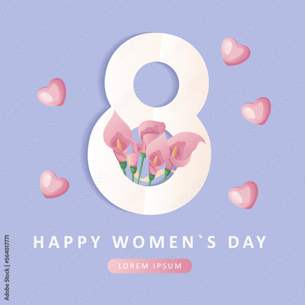 International Women's Day, 8 March banner design with number eight, pink calla lilies, chocolate hearts, gifts, ribbons. Romantic floral Mother's Day design for greeting card, poster, postcard, flyer. International Women's Day, 8 March banner design with number eight, pink calla lilies, chocolate hearts, gifts, ribbons. Romantic floral Mother's Day design for greeting card, poster, postcard, flyer.