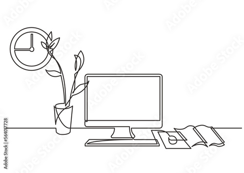 continuous line drawing vector illustration with FULLY EDITABLE STROKE of work desk computer flower