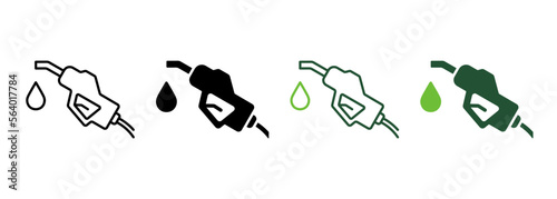Fuel Nozzle Holder with Hose on Petrol Station Line and Silhouette Icon Color Set. Petroleum Energy Pump on Gas Station Symbol on White Background. Fossil Fill Nozzle. Isolated Vector Illustration