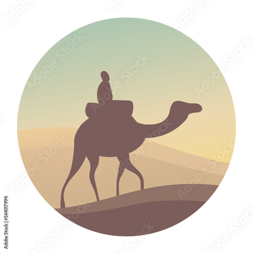 Silhouette of a camel and a bedouin in a hot desert. Animal of Africa on the way. Landscape with sand dunes and sunrise. Vector cartoon background illustration