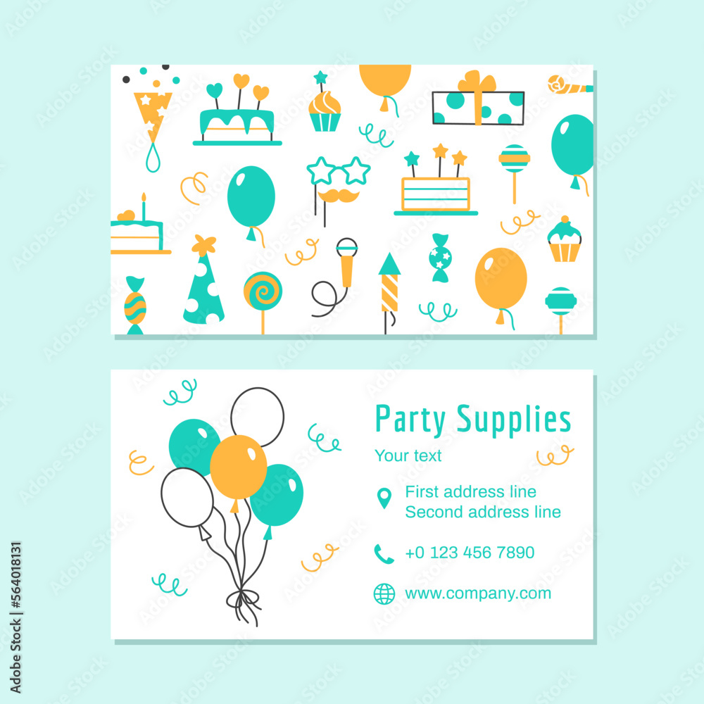 Party supplies color business card template. Flat line event service visit card design. Bright celebrating elements for birthday carnival festival. Fun cake balloon muffin gift vector illustration.