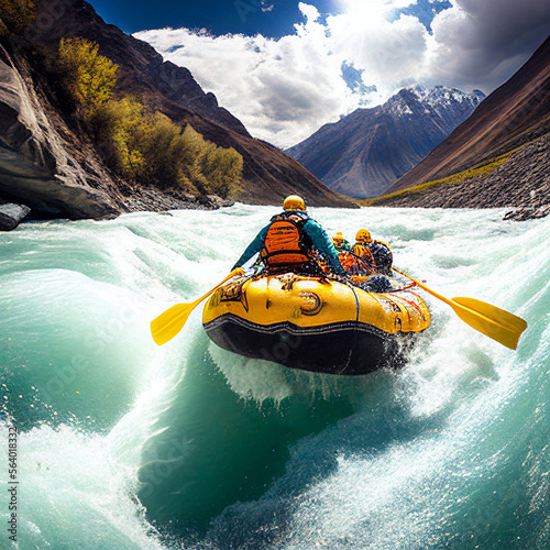 Rafting on the beautiful mountain river. Aerial view of rafting boat on amazing blue river.