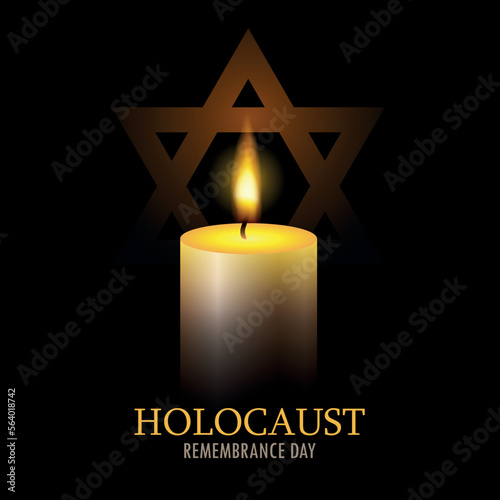 International holocaust remembrance day. One burning candle and star of David on black background. EPS10 vector.
