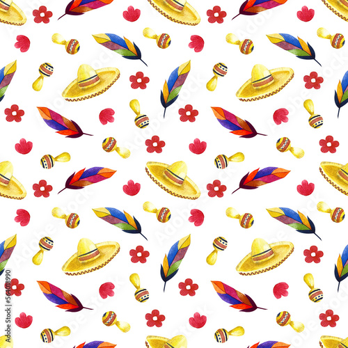 Watercolor Seamless pattern colourful feathers and sombrero on the white background. Texture for wrapping paper, fabrics, decor. 