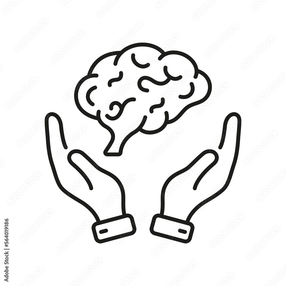 Human Brain in Side View with Hands Line Icon. Neurology, Psychology Pictogram. Education, Logic, Knowledge, Memory, Mind Concept Outline Icon. Editable Stroke. Isolated Vector Illustration Human Brain in Side View with Hands Line Icon. Neurology, Psychology Pictogram. Education, Logic, Knowledge, Memory, Mind Concept Outline Icon. Editable Stroke. Isolated Vector Illustration