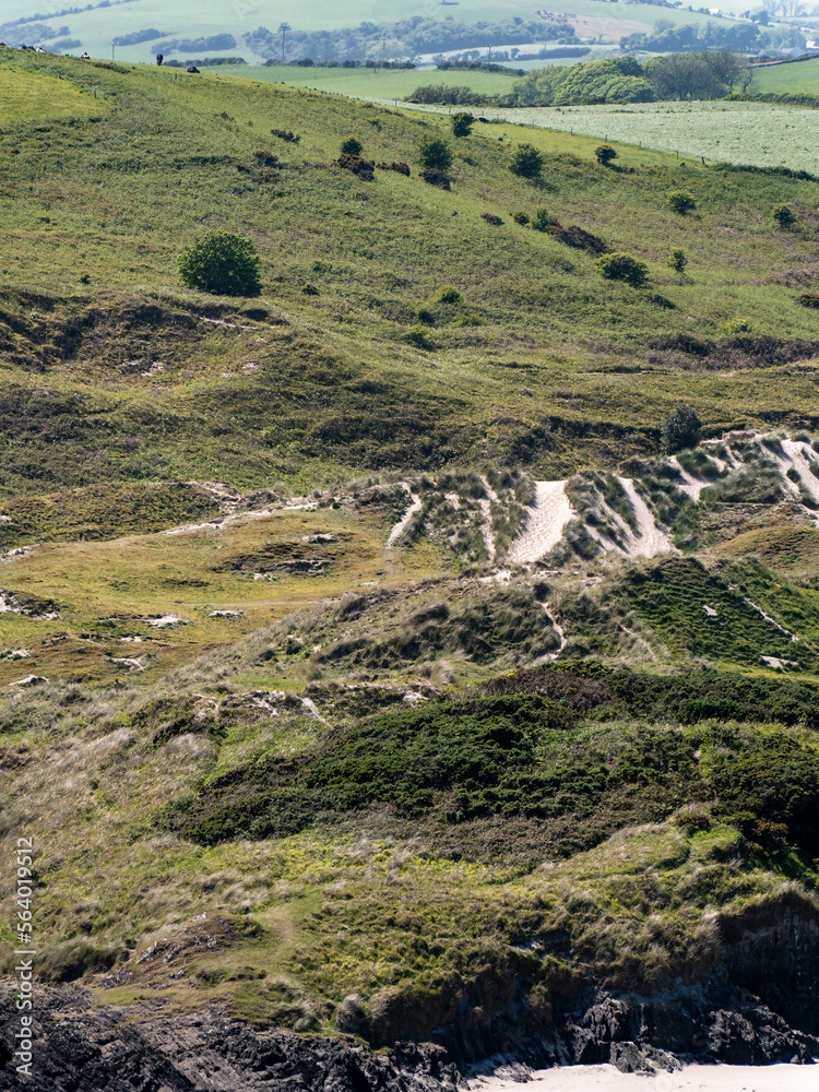 Obraz premium Picturesque dunes with shrubs and hills in the Ireland on a sunny day. North European seaside landscape. Nature of Ireland.