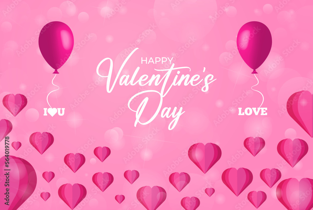 Happy valentine's day greeting card with realistic beautiful balloons and hearts on the pink background	