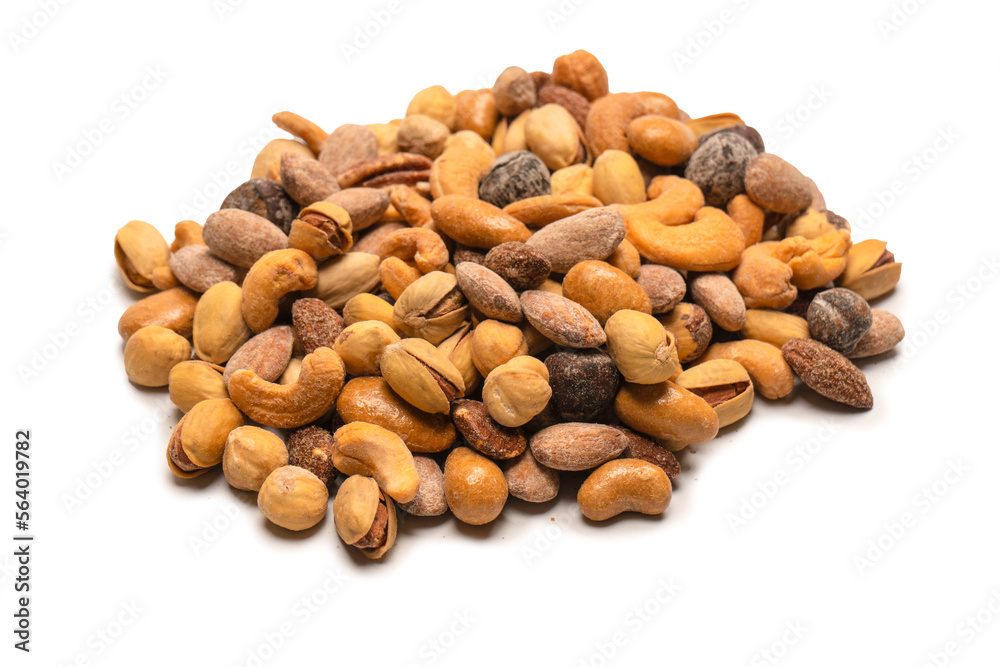 A group of almonds, pistachios, walnuts, macadamia, cashews. A group of almonds, pistachios, walnuts, macadamia, cashews.