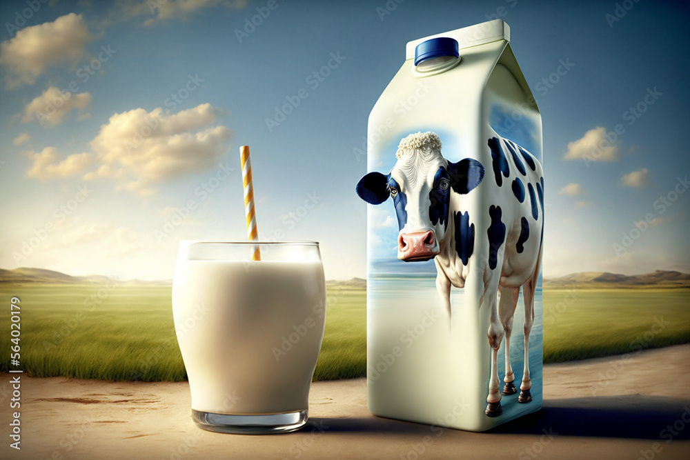Concept dairy farm advertisement with glass of milk and dairy cow