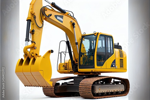An image of a yellow excavator isolated on a white background. Generative AI