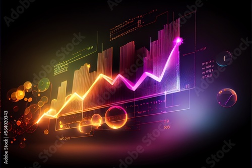 Business economic charts with light effects on a neon abstract background. Generative AI