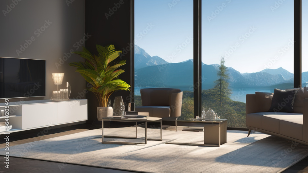 modern living room with view, postmodern, luxurious, Generative AI