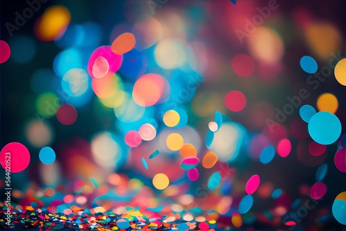 Colorful confetti in front of a colorful background with bokeh for a carnival theme. Generative AI