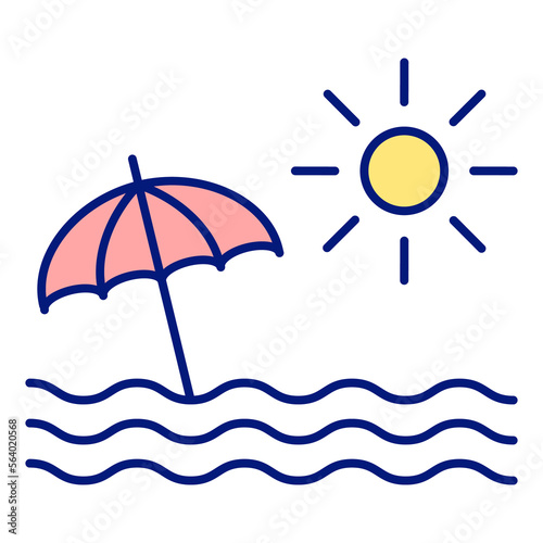 Summer  seascape with sea  umbrella and sun - icon  illustration on white background  color style