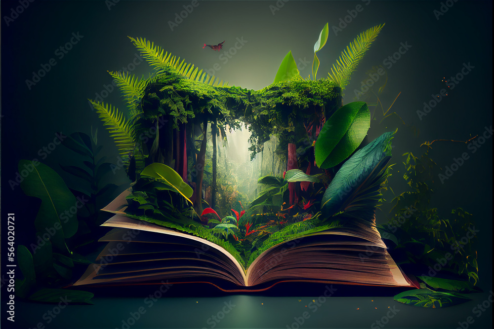 Fototapeta premium A tropical rainforest jungle appearing opening a book, generative AI