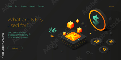 NFT abstract concept illustration in isometric design. Non-fungible token blockchain or marketplace. Cryptographic technology web banner layout.