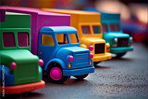 a group of multicolor toy trucks neatly organized, generative AI © FrankBoston