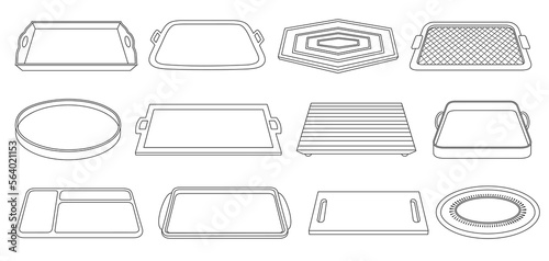 Tray for food vector outline icon set . Collection vector illustration tray for food on white ackground. Isolated outline illustration icon set of salver for web design.