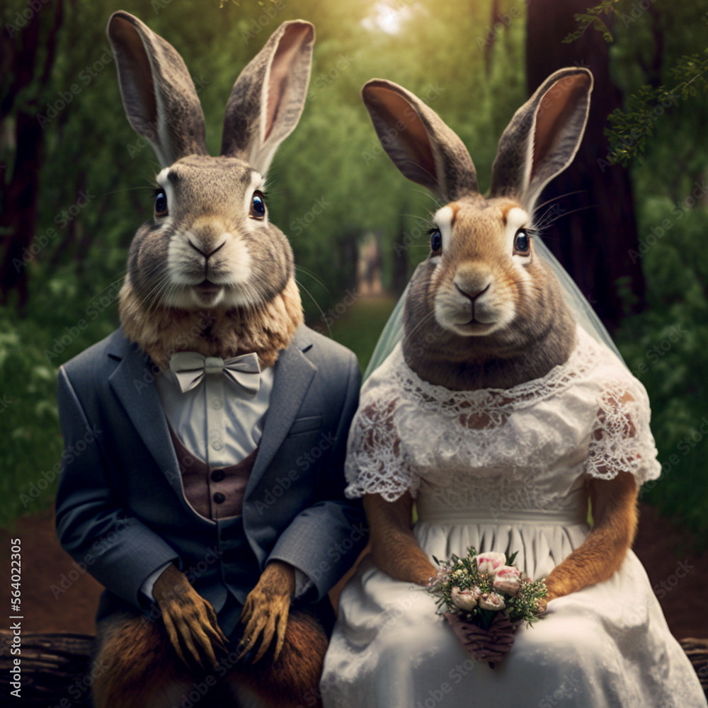 Fototapeta premium Two rabbits got married. Generative AI.
