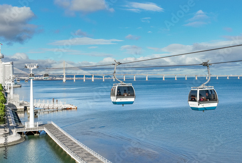 Telecabine Lisboa at Park of Nations. Vasco da Gama tower and Bridge in Lisbon. Cable car in the modern district of Lisbon over the Tagus river