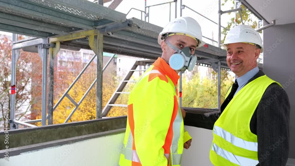 Two men, an architect and construction engineer, foreman in white helmet protection inspect performance of project, a construction site of a multi-storey house, building in progress