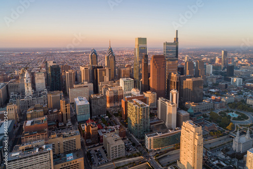 Beautiful Sunset Skyline of Philadelphia, Pennsylvania, USA. Business Financial District and Skyscrapers in Background.