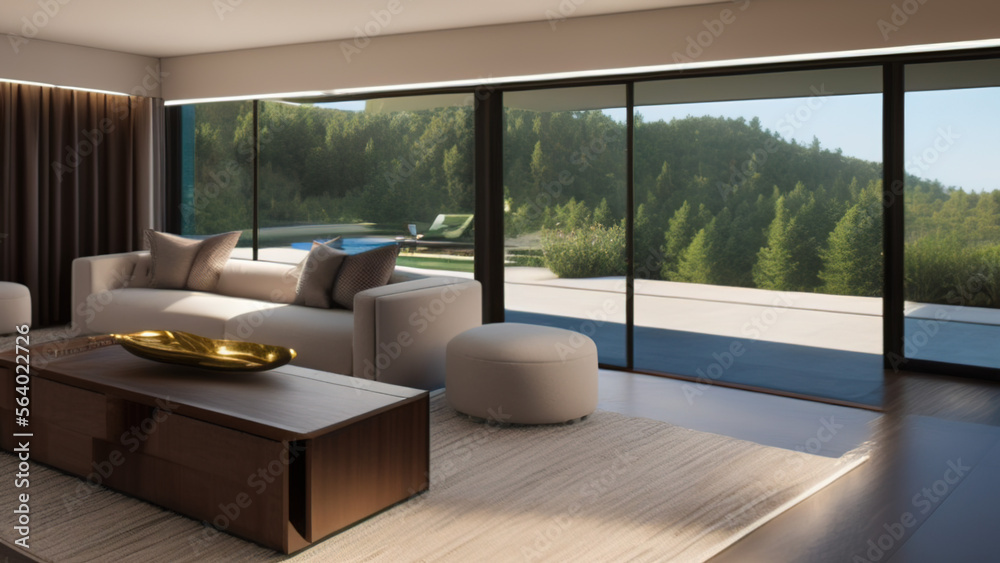 Fototapeta premium modern living room with view, postmodern, luxurious, Generative AI