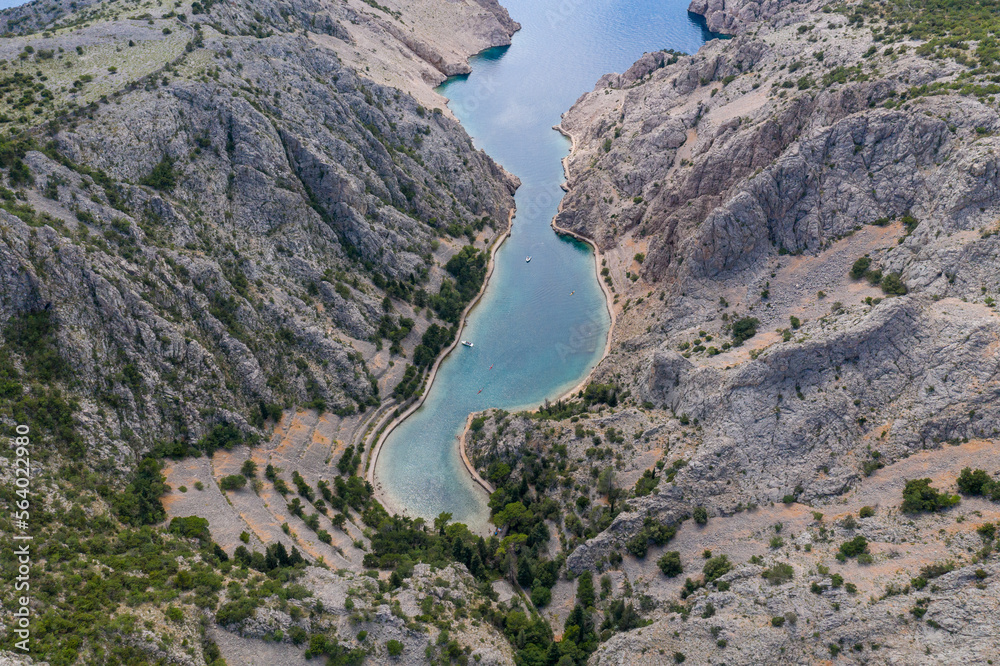 Zavratnica in Croatia. It is a 900 m long narrow inlet located at the foot of the mighty Velebit Mountains, in the northern part of the Adriatic Sea, 1 km south of Jablanac, Croatia.