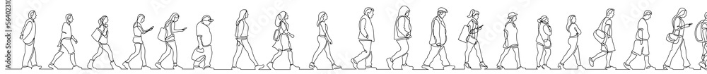 continuous line drawing vector illustration with FULLY EDITABLE STROKE of group of diverse people walking on street
