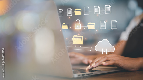 Cloud technology and Data storage concept, Concept of Exchange information and data with internet cloud technology.FTP(File Transfer Protocol) files receiver. File sharing isometric.rring documents.. photo