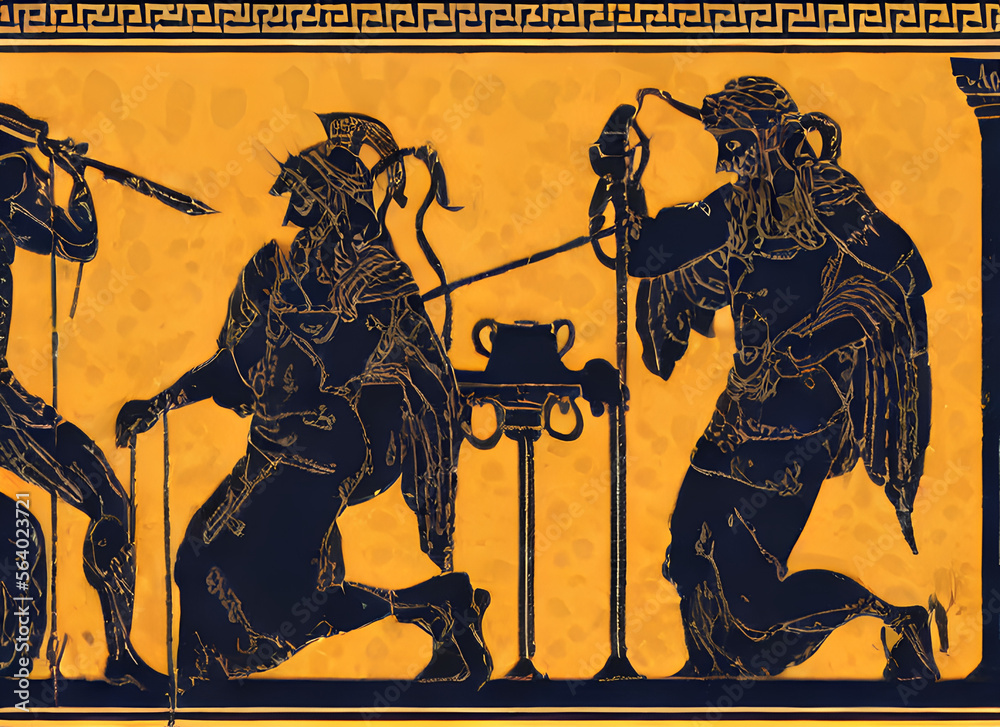 greek mythology character silhouettes on yellow background in ancient amphora painting style, generative ai