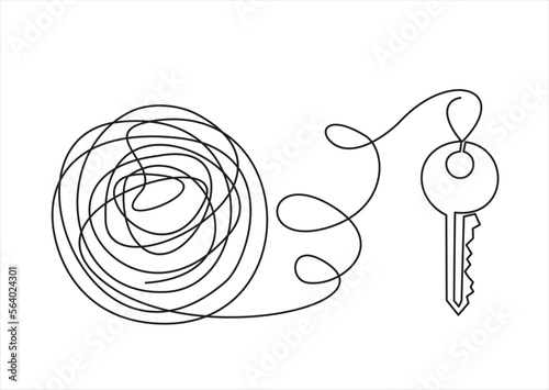Chaos and key, abstract minimalist concept vector illustration. Metaphor of disorganized difficult problem found solution, mess with single continuous tangle thread in need of unraveling on white