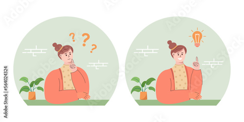Making  decision concept, search for right answer. Puzzled woman doubting, looking for answers and creating solution. Questioned woman thinking. Vector illustration.
