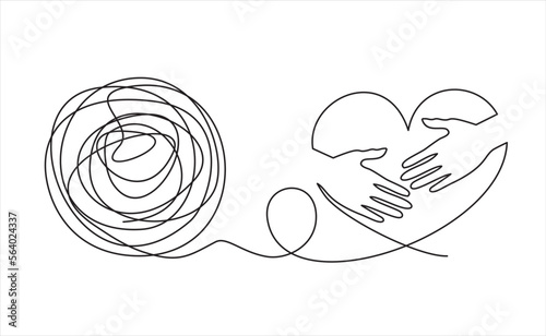 Chaos and heart with hands abstract minimalist concept vector illustration. Metaphor of disorganized difficult problem, mess with single continuous tangle thread in need of unraveling on white