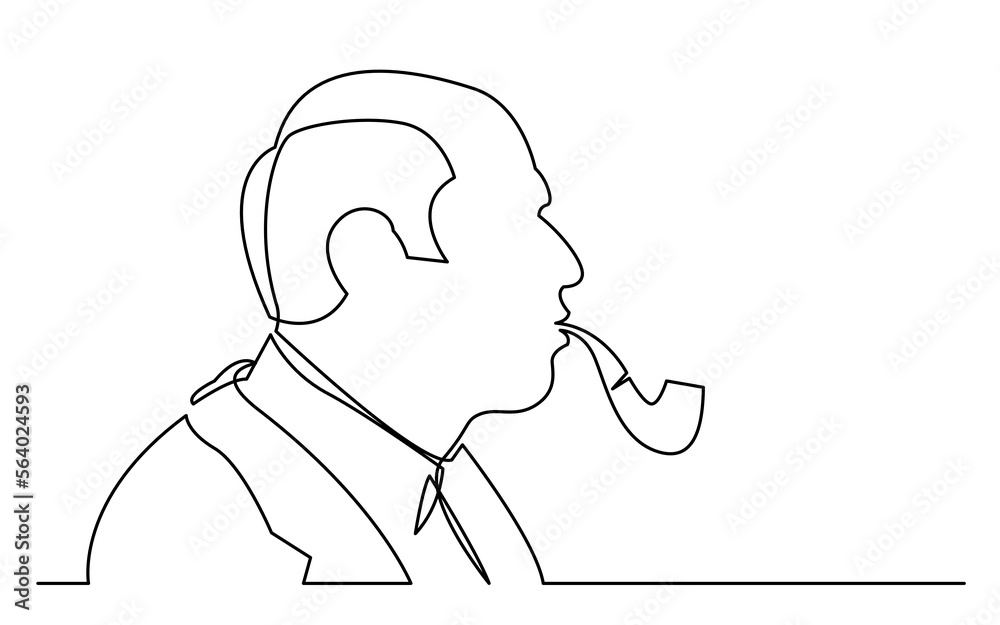 continuous line drawing vector illustration with FULLY EDITABLE STROKE of bald man with smoking pipe continuous line drawing vector illustration with FULLY EDITABLE STROKE of bald man with smoking pipe