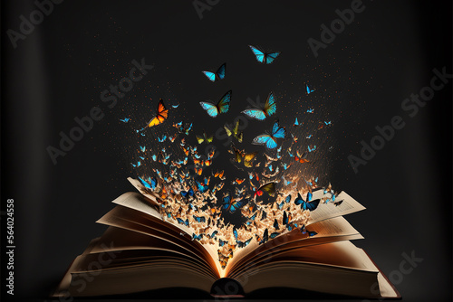 Print op canvas An open book with butterflies coming out of it