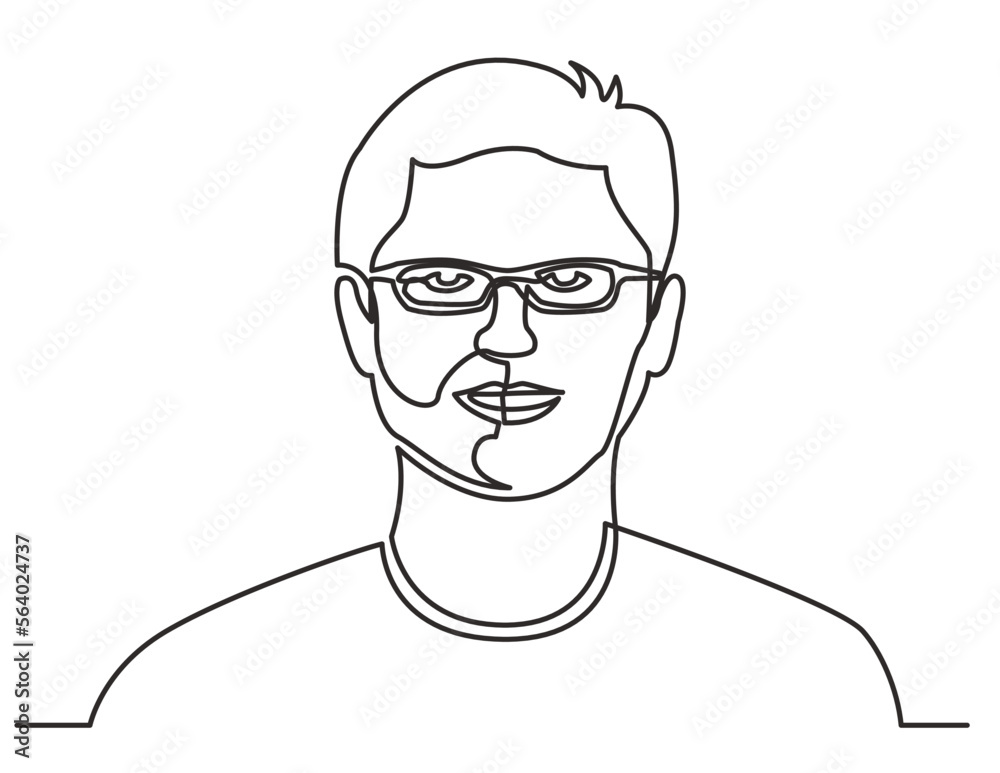 continuous line drawing vector illustration with FULLY EDITABLE STROKE of guy in glasses
