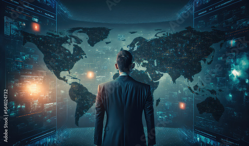 Businessman, person looking at a high-tech display of world map, website design, futuristic,