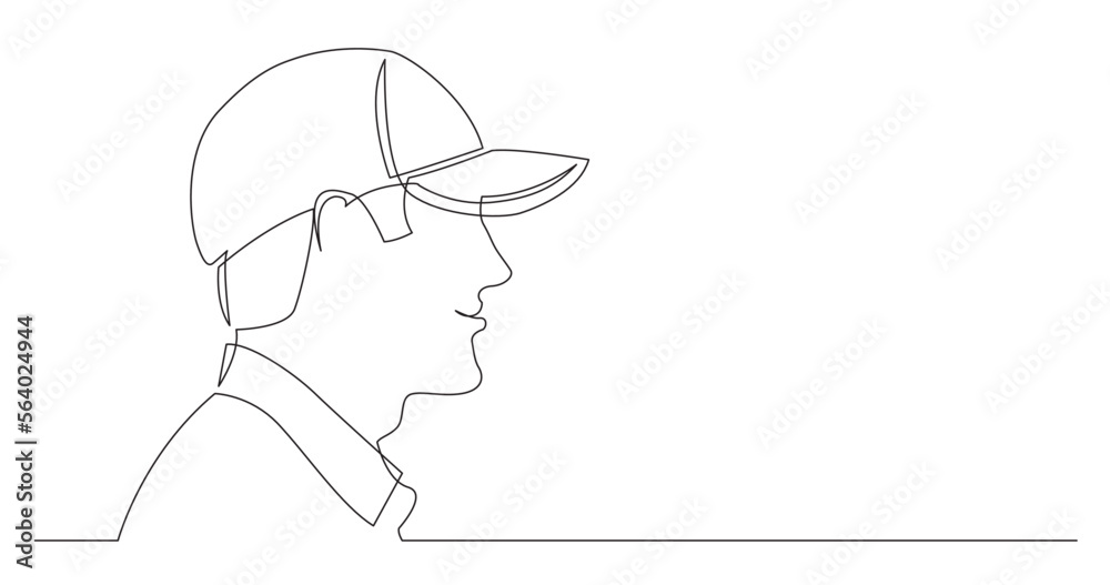 continuous line drawing vector illustration with FULLY EDITABLE STROKE of smiling man in baseball cap