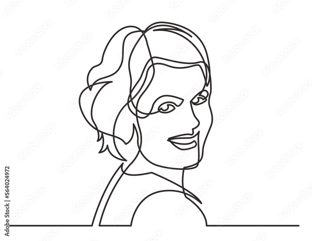continuous line drawing vector illustration with FULLY EDITABLE STROKE of smiling woman looking happy